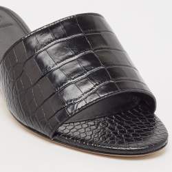 Pre Owned Tory Burch Black Croc Embossed Leather Martine Flat Slides Size 39.5