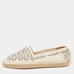 Pre Owned Tory Burch Cream Canvas Logo Ribbon Espadrille Flats Size 38.5