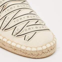 Pre Owned Tory Burch Cream Canvas Logo Ribbon Espadrille Flats Size 38.5