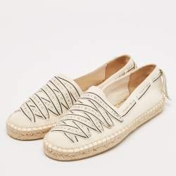 Pre Owned Tory Burch Cream Canvas Logo Ribbon Espadrille Flats Size 38.5