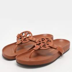 Pre Owned Tory Burch Brown Leather Miller Cloud Flip Flops Size 37.5