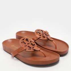 Pre Owned Tory Burch Brown Leather Miller Cloud Flip Flops Size 37.5