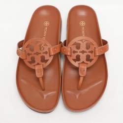 Pre Owned Tory Burch Brown Leather Miller Cloud Flip Flops Size 37.5