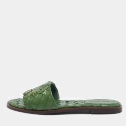 Pre Owned Tory Burch Green Intrecciato Leather Ines Flat Slides Size 38.5