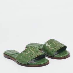 Pre Owned Tory Burch Green Intrecciato Leather Ines Flat Slides Size 38.5