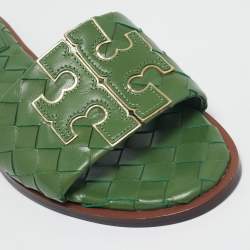 Pre Owned Tory Burch Green Intrecciato Leather Ines Flat Slides Size 38.5