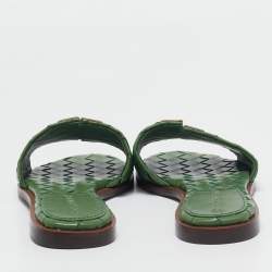 Pre Owned Tory Burch Green Intrecciato Leather Ines Flat Slides Size 38.5