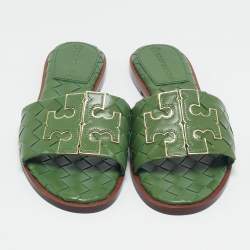 Pre Owned Tory Burch Green Intrecciato Leather Ines Flat Slides Size 38.5