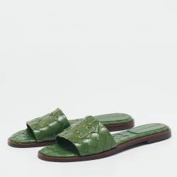 Pre Owned Tory Burch Green Intrecciato Leather Ines Flat Slides Size 38.5