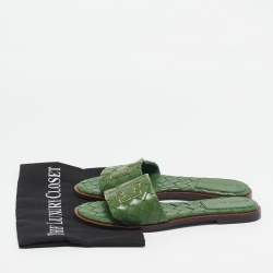 Pre Owned Tory Burch Green Intrecciato Leather Ines Flat Slides Size 38.5