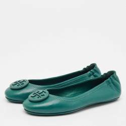 Pre Owned Tory Burch Green Leather Minnie Travel Ballet Flats Size 38.5