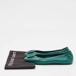 Pre Owned Tory Burch Green Leather Minnie Travel Ballet Flats Size 38.5