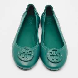 Pre Owned Tory Burch Green Leather Minnie Travel Ballet Flats Size 38.5