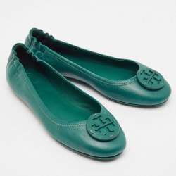 Pre Owned Tory Burch Green Leather Minnie Travel Ballet Flats Size 38.5