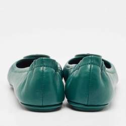 Pre Owned Tory Burch Green Leather Minnie Travel Ballet Flats Size 38.5