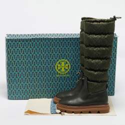 Pre Owned Tory Burch Green Leather and Nylon Leccio Snow Boots Size 39.5