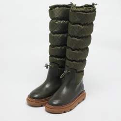 Pre Owned Tory Burch Green Leather and Nylon Leccio Snow Boots Size 39.5