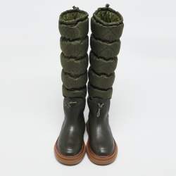 Pre Owned Tory Burch Green Leather and Nylon Leccio Snow Boots Size 39.5