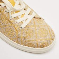 Tory Burch Yellow Jacquard and Leather T Monogram Lace Up Sneakers Size 40.5