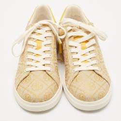 Tory Burch Yellow Jacquard and Leather T Monogram Lace Up Sneakers Size 40.5