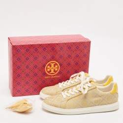 Tory Burch Yellow Jacquard and Leather T Monogram Lace Up Sneakers Size 40.5
