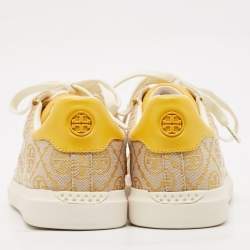 Tory Burch Yellow Jacquard and Leather T Monogram Lace Up Sneakers Size 40.5