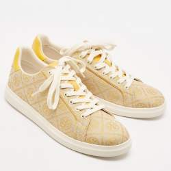Tory Burch Yellow Jacquard and Leather T Monogram Lace Up Sneakers Size 40.5