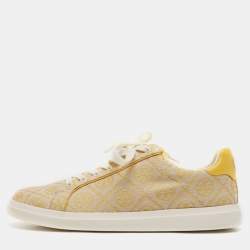 Tory Burch Yellow Jacquard and Leather T Monogram Lace Up Sneakers Size 40.5