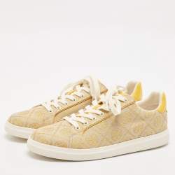 Tory Burch Yellow Jacquard and Leather T Monogram Lace Up Sneakers Size 40.5