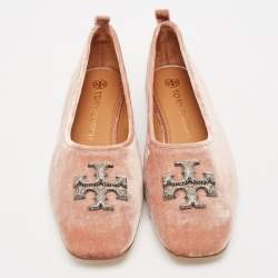 Pre Owned Tory Burch Peach Pink Velvet Eleanor Crystal Ballet Flats Size 41
