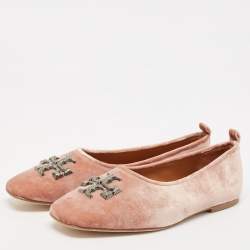Pre Owned Tory Burch Peach Pink Velvet Eleanor Crystal Ballet Flats Size 41
