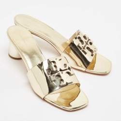 Pre Owned Tory Burch Gold Patent Leather Ines Slide Sandals Size 40.5