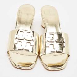 Pre Owned Tory Burch Gold Patent Leather Ines Slide Sandals Size 40.5