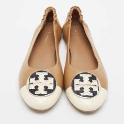 Pre Owned Tory Burch Brown/Cream Leather Claire Cap Toe Ballet Flats Size 40.5