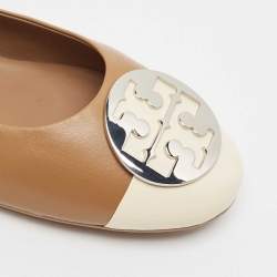 Pre Owned Tory Burch Brown/Cream Leather Claire Cap Toe Ballet Flats Size 40.5