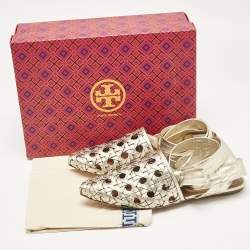 Pre Owned Tory Burch Gold Basket Weave Leather Ankle Wrap Flats Size 38.5