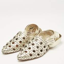 Pre Owned Tory Burch Gold Basket Weave Leather Ankle Wrap Flats Size 38.5