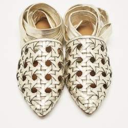 Pre Owned Tory Burch Gold Basket Weave Leather Ankle Wrap Flats Size 38.5