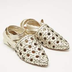 Pre Owned Tory Burch Gold Basket Weave Leather Ankle Wrap Flats Size 38.5