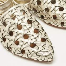 Pre Owned Tory Burch Gold Basket Weave Leather Ankle Wrap Flats Size 38.5