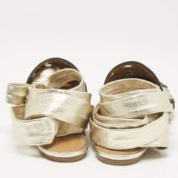 Pre Owned Tory Burch Gold Basket Weave Leather Ankle Wrap Flats Size 38.5