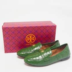 Tory Burch Green Croc Embossed Leather Slip On Loafers Size 39.5