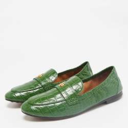 Tory Burch Green Croc Embossed Leather Slip On Loafers Size 39.5