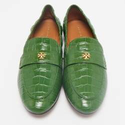 Tory Burch Green Croc Embossed Leather Slip On Loafers Size 39.5