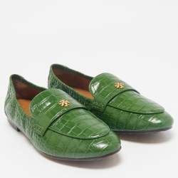 Tory Burch Green Croc Embossed Leather Slip On Loafers Size 39.5