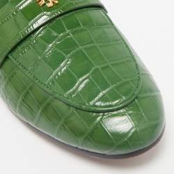 Tory Burch Green Croc Embossed Leather Slip On Loafers Size 39.5