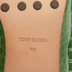 Tory Burch Green Croc Embossed Leather Slip On Loafers Size 39.5