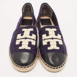 Pre Owned Tory Burch Navy Blue Tweed And Leather Espadrilles Flats Size 38