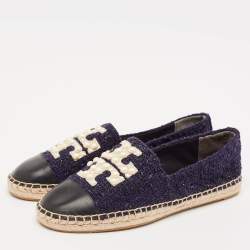 Pre Owned Tory Burch Navy Blue Tweed And Leather Espadrilles Flats Size 38