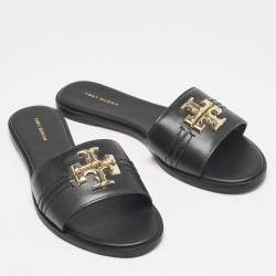 Tory Burch Black Leather Everly Flat Slides Size 38